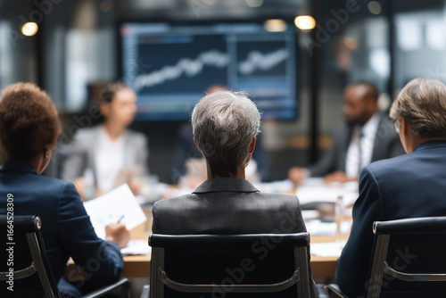 Group of finance experts engaged in roundtable discussion, viewed from back, with focus on senior individual. large screen displays financial graphs, creating professional atmosphere