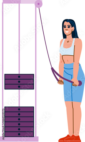 Woman exercising back muscles using weights machine at the gym