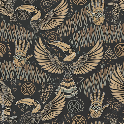 Seamless Pattern, Seamless pattern with exotic birds and hands in ethnic style illustration Stock royalty free