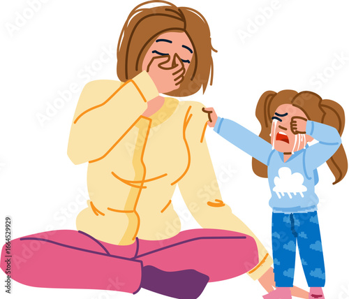 Tired mother soothing crying daughter at home