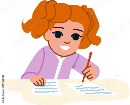 Smiling schoolgirl writing on paper at desk diligently studying