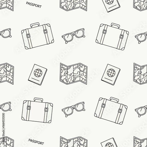 Seamless Pattern, Seamless travel pattern featuring luggage, passport, maps and glasses illustration Stock royalty free