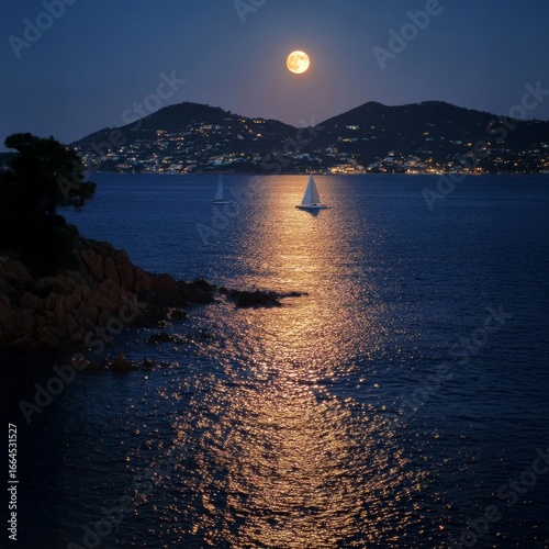 Dark scenic night ocean view with moon, sailboat, and coastal city lights