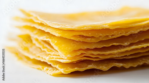 Close-up of lasagna sheets resting flat with slight overlapping, focusing on their soft texture and subtle shine, against a white background.