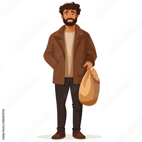 Casual Man Holding Baguette and Grocery Bag