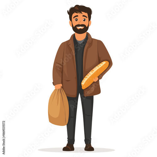 Casual Man Holding Baguette and Grocery Bag