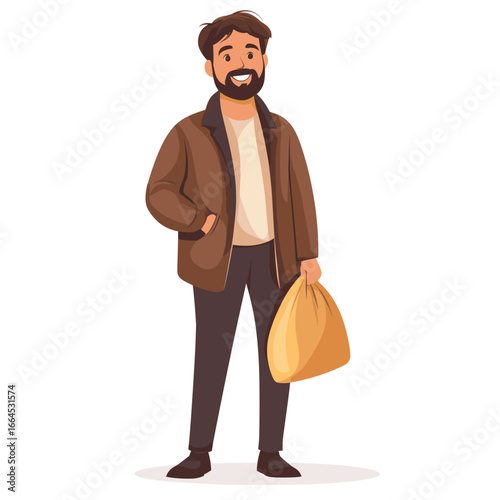 Casual Man Holding Baguette and Grocery Bag