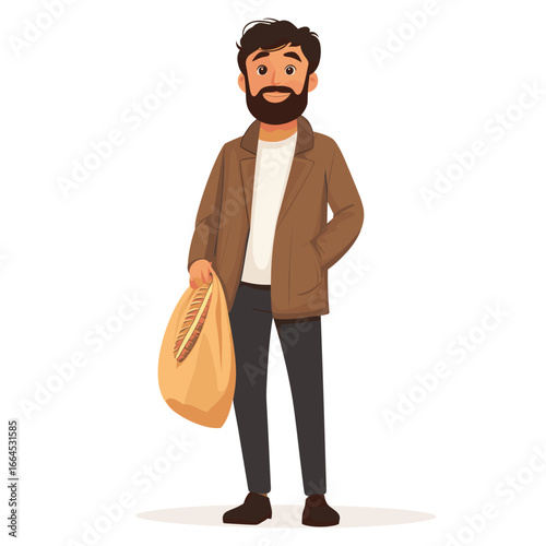 Casual Man Holding Baguette and Grocery Bag