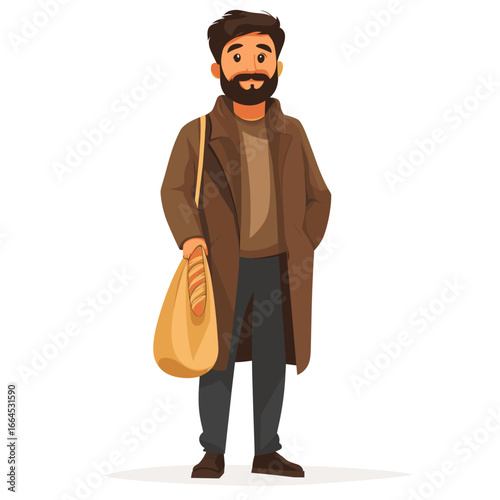Casual Man Holding Baguette and Grocery Bag