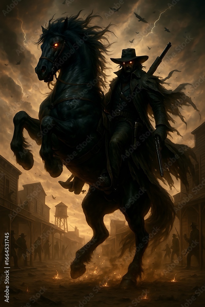Fototapeta premium Dark fantasy illustration of a mysterious outlaw cowboy riding a black horse with glowing eyes through a stormy western town. Dramatic atmosphere with fire sparks, lightning, and eerie cinematic 