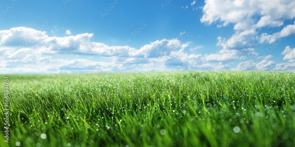 Obraz premium The Grass Field Bathed in Morning Dew Under a Vast Blue Cloudy Sky