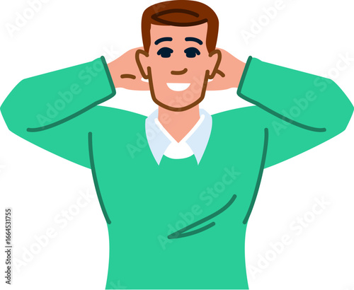 Relaxed man holding hands behind head smiling and enjoying life