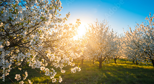 Sunrise through Blossoming Orchard Trees