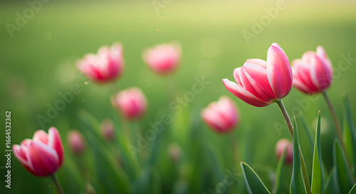 Pink Tulips in Spring Meadow, Soft Sunlight
