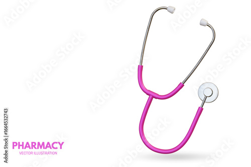 Pharmacy poster, banner with 3d Realistic medical stethoscope. Advertising for hospital or pharmaceutical company. Sign for pharmacy. Vector illustration