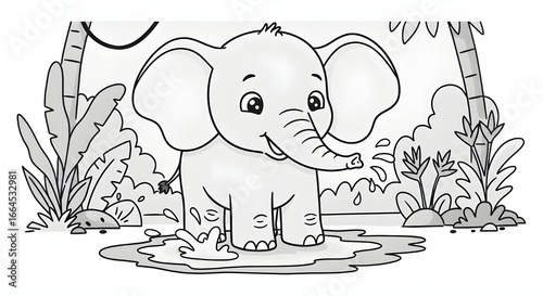 Cute Baby Elephant Splashing in Water – Black and White Coloring Page Vector