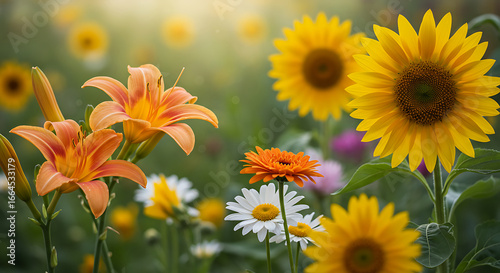 Vibrant Summer Wildflowers: Sunflowers, Lilies, and Daisies
