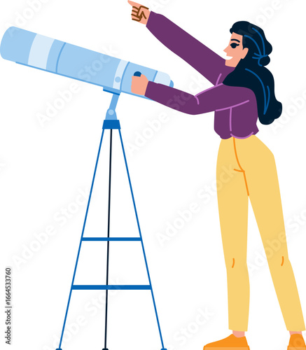 Astronomer looking through telescope and pointing at starry sky