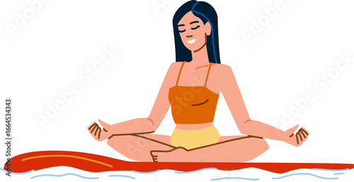 Young woman meditating on paddle board in lotus pose