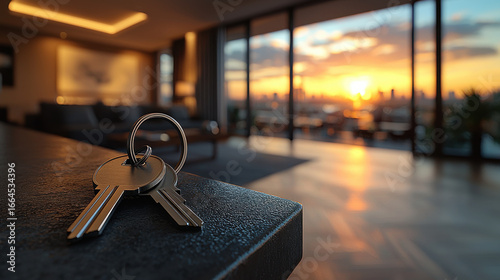 Keys to a new home, a symbol of freedom and possibility, rest on a sleek, minimalist table in a modern apartment or hotel room. The image evokes the concept of mortgages, investments, and real 