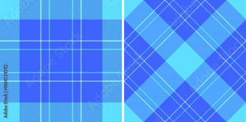Two blue tartan patterns create a cool textile design. The vibrant color palette is modern yet nostalgic. Perfect for backgrounds, fashion, or graphic design.