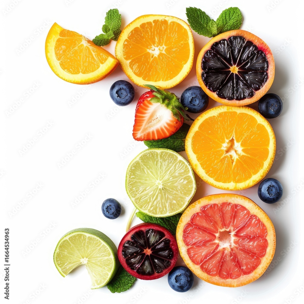 Fototapeta premium Colorful fruit slices and berries arranged artfully on a white background