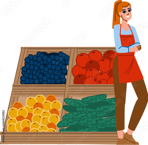 Greengrocer smiling at customers in her fruit and vegetable shop