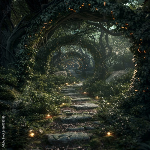 Mossy stone path leading into a mystical enchanted forest tunnel