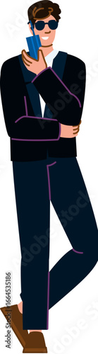 Businessman wearing sunglasses holding credit card and posing stylishly