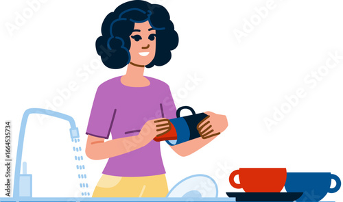 Woman washing dishes in kitchen sink with running water