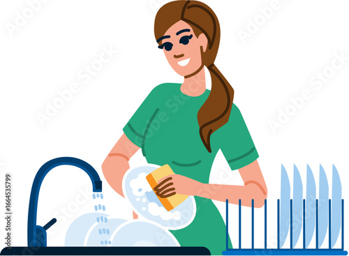 Housewife washing dishes in kitchen sink with sponge