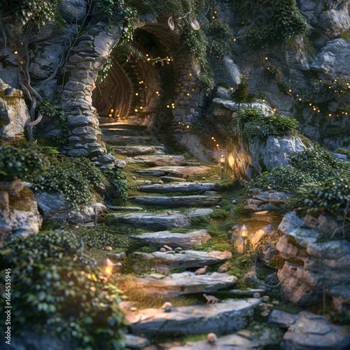 Rocky, moss-covered stairs ascending into a magical, cavernous entrance adorned with delicate string lights and lush greenery