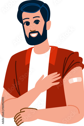 Smiling man showing vaccinated arm with patch after vaccine injection