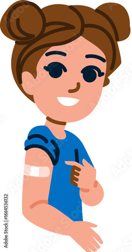 Smiling girl showing vaccinated arm with patch