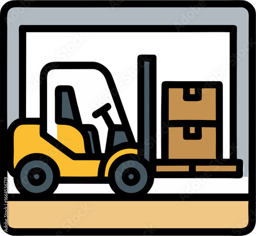 Flat Vector Illustration of Yellow Forklift with Cargo Boxes in Warehouse – Logistics, Shipping, Industrial Equipment Concept