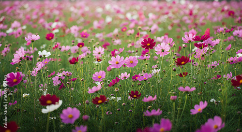 Vibrant Pink and Red Cosmos Flower Field