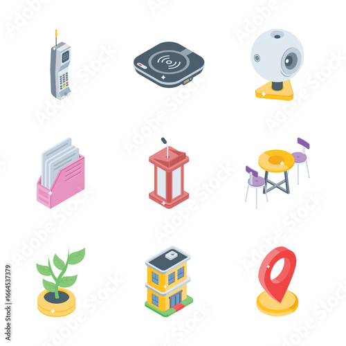 Have this modern collection of office equipment isometric icons