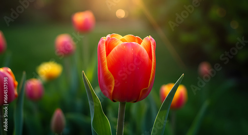 Red and Yellow Tulip in Garden at Sunset