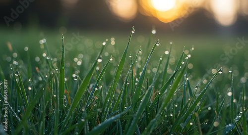 Dewdrops on Green Grass at Sunrise