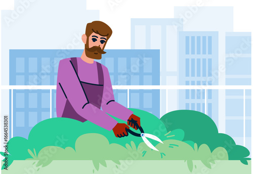 Gardener trimming plants on rooftop garden with city view