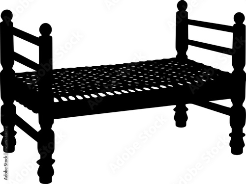 A simple, black-and-white silhouette of a traditional wooden chair with a woven seat. The chair has thick, rounded legs and a straight backrest, shown in three-quarter view from a slightly elevated pe
