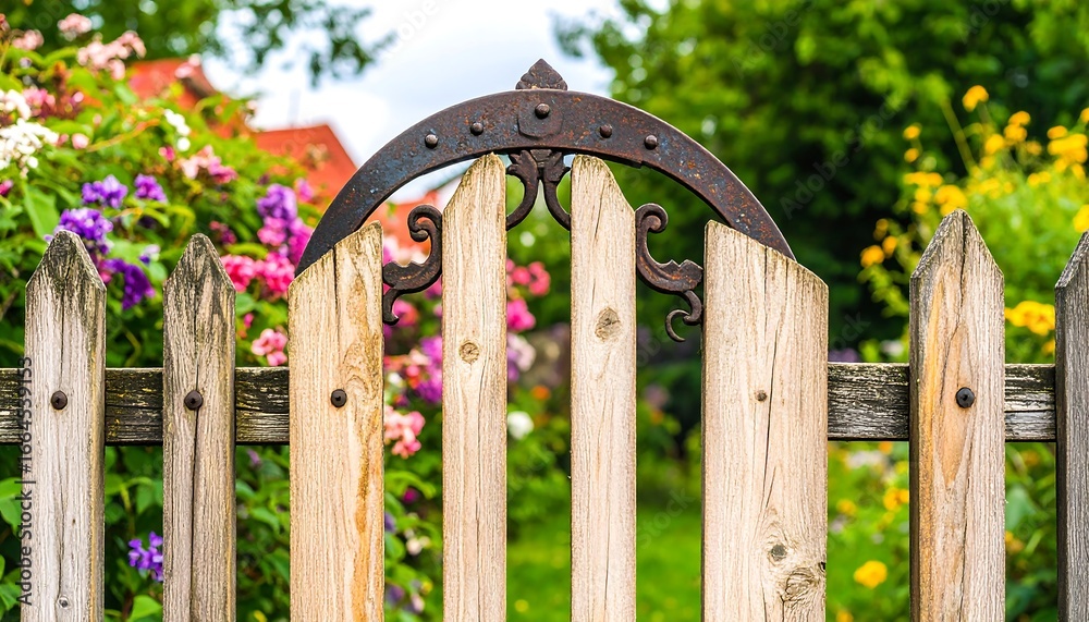 Fototapeta premium A weathered wooden garden gate, adorned with an ornate, rusted iron arch, leads through a vibrant flower garden.