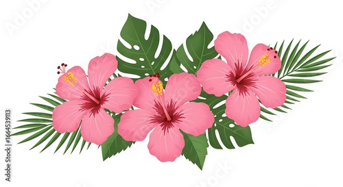 Vibrant Hibiscus & Tropical Leaves: Digital Illustration
