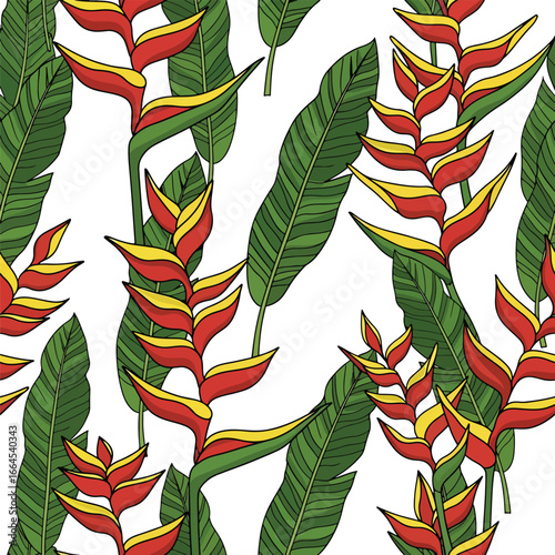 Seamless Pattern, Tropical pattern featuring vibrant heliconia flowers and lush green leaves Stock royalty free