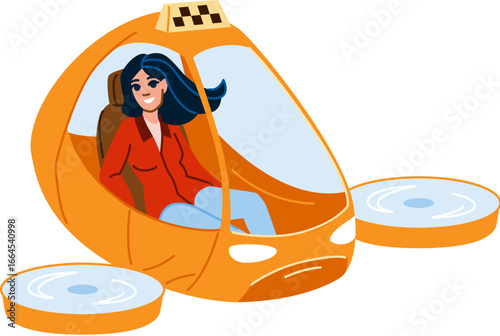 Woman enjoying flying taxi ride in futuristic vehicle