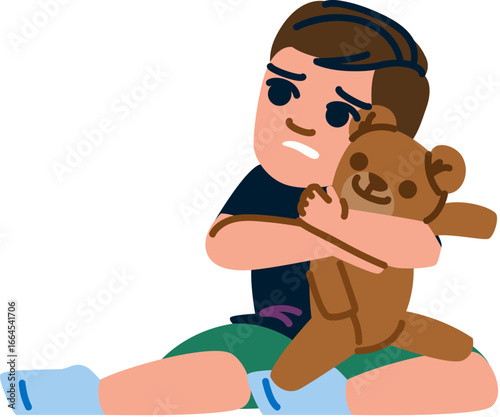 Sad child hugging teddy bear feeling lonely and insecure