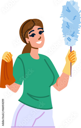 Cleaning lady holding duster and rag smiling and ready to clean house