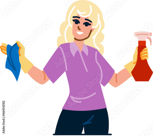 Cleaning lady holding spray bottle and duster, ready for spring cleaning