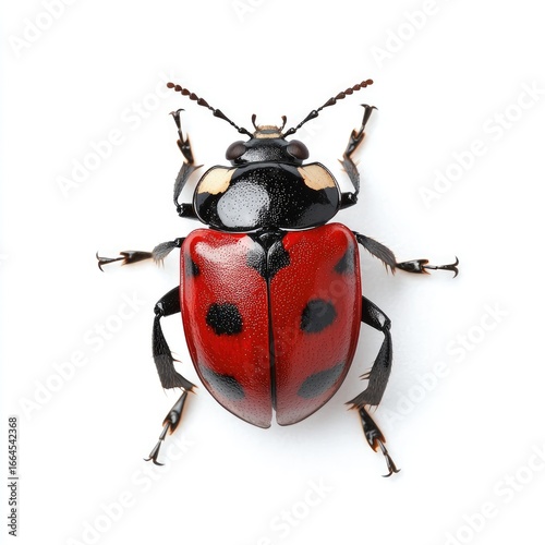 Red ladybug with black spots, top-down view, isolated on white