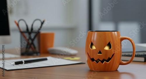 Halloween Pumpkin Mug on Office Desk